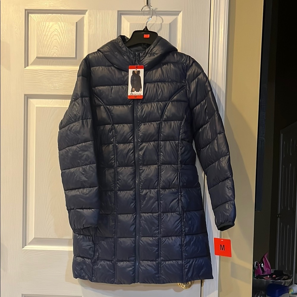 Navy Quilted Hooded Coat